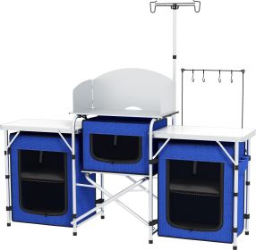 Aluminum Camping Kitchen, Portable Folding Camping Table with Fabric Cupboards, Windshield, Bag for BBQ, Picnic, Blue